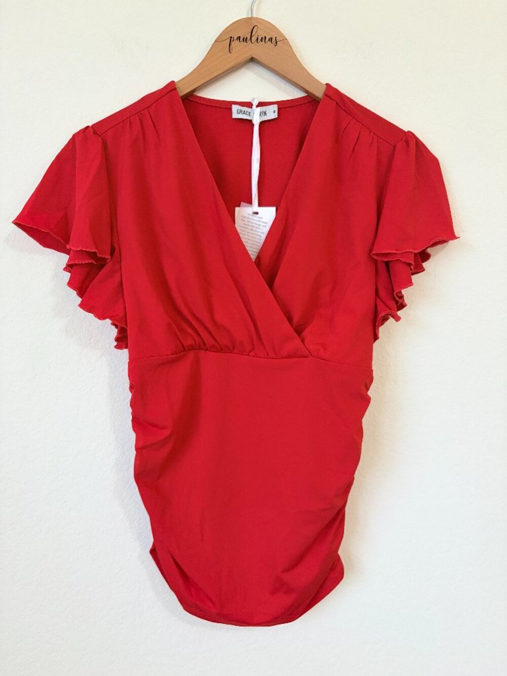 New Grace Karin Top Womens Medium Red Flutter Ruched Wrap Holiday Blouse M